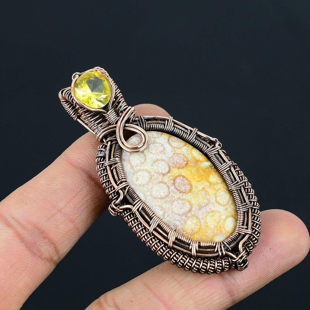 Amazing Fossil Coral & Citrine Gemstone Handmade Pure Copper Wire Wrap Jewelry Pendant