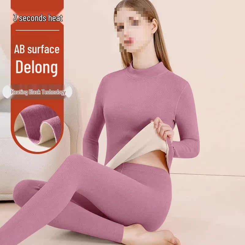 Women's Fleece-Lined Thermal Underwear Set - Semi-High Neck, Thick Base Layer for Autumn & Winter