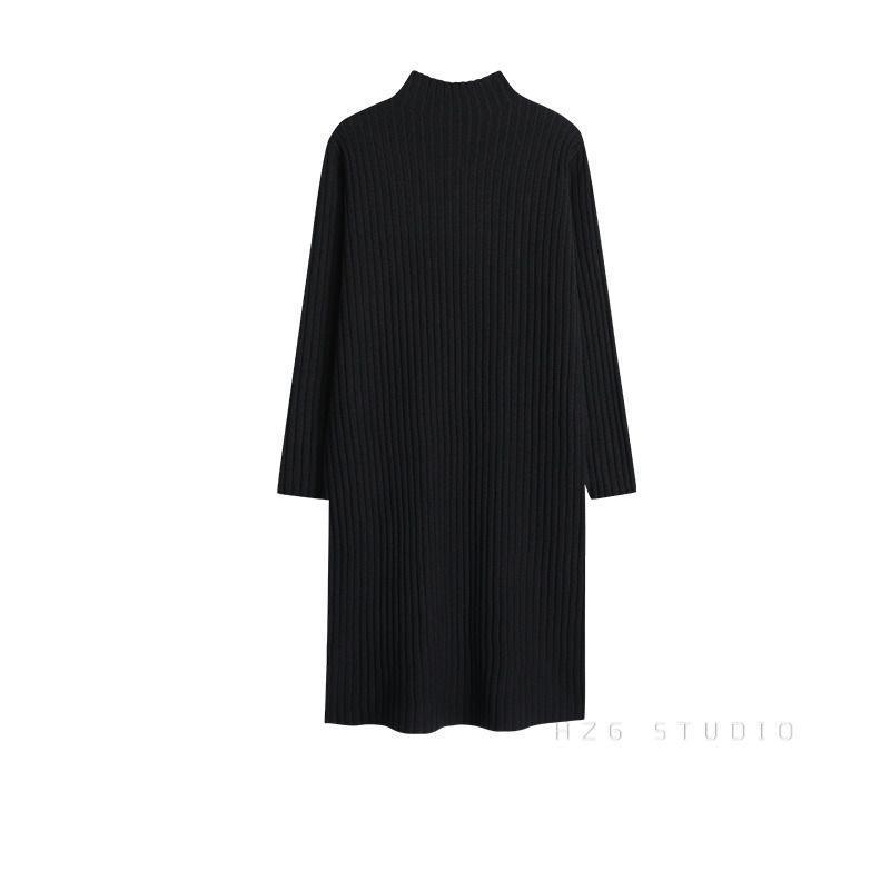 Women's Black High-Neck Petite Wool Knit Dress - 2025 New Autumn/Winter Collection