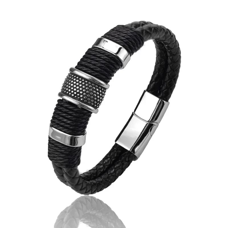 Luxury Vintage Brown PU Leather Men Bracelet Stainless Steel Jewelry Male Wrist Bangle Gift for Him