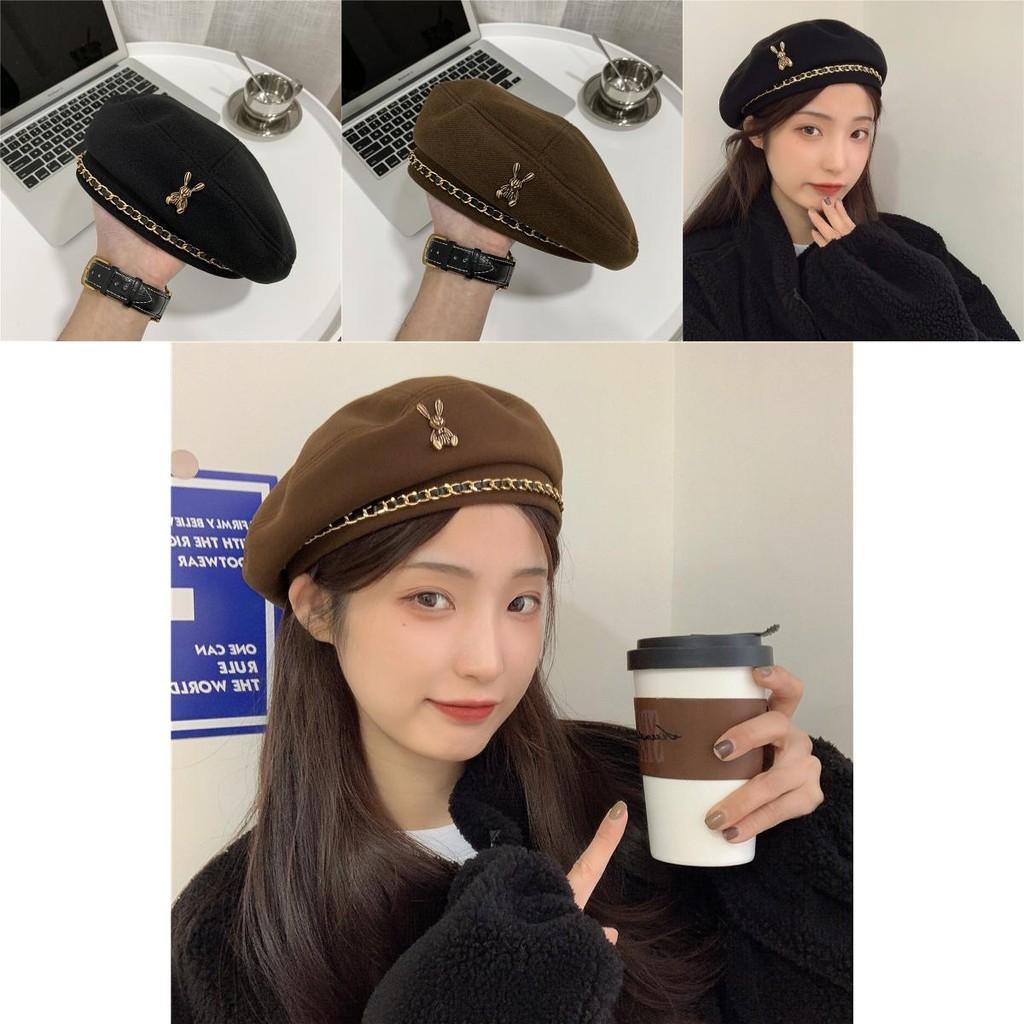 Cute Sweet Beret For Women In Chestnut Brown Or Black With Metal Chain Accent