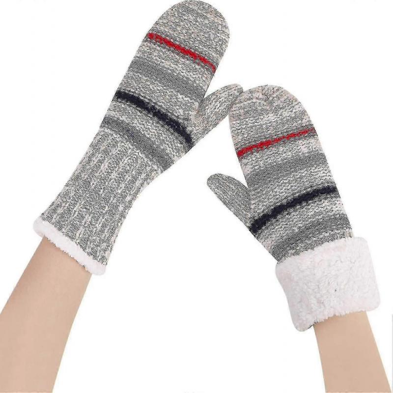 Women Winter Knitted Gloves Fleece Lined Knit Gloves Women Full Fingers Thickening Winter Warm Mittens Knit Mittens Stripe Design Knitted Mittens Ther