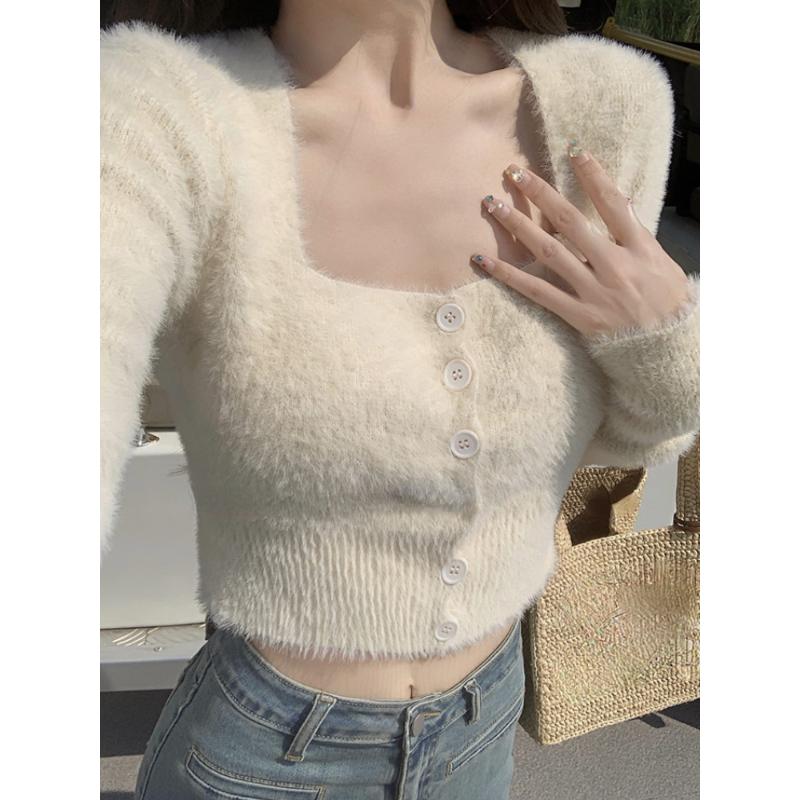 Square Collor Knit Sweater Women Sweet Elegant Y2k Crop Tops Female Spring Pure Color Elegant Pullover Korean Clothing L абрикосовый