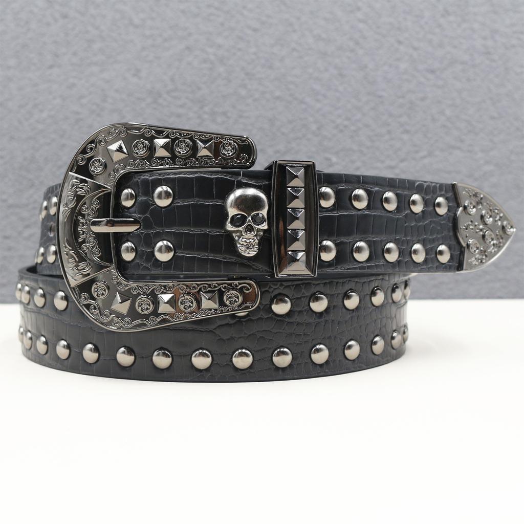 New Belt Versatile Decoration Trendy and Stylish Black Belt Rivet Skull Jeans High-end Lace