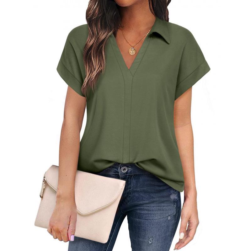 Women's Casual Black Short-Sleeve Shirt - Versatile Solid Color for Business or Leisure