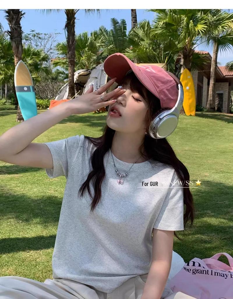 Women's Casual Minimalist Korean White Cotton Short-Sleeve Round Neck T-Shirt