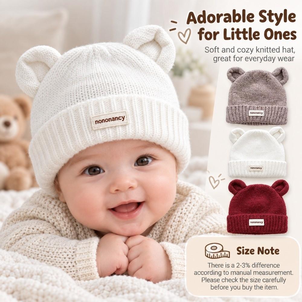 Warm Lining Bear Ear Baby Hat Solid Color Kids Winter Hat Cute Cartoon Baby Cap Winter