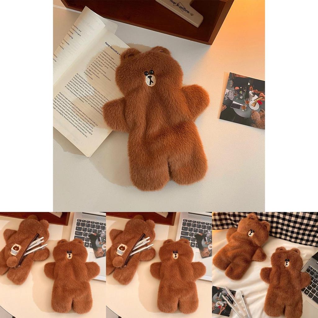 Cute Brown Bear Plush Makeup Bag With Large Capacity For Women And Teens