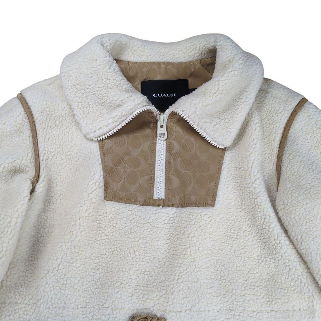 Coach Signature Pattern High Neck Fleece Boa Jacket Ivory Size S Mens