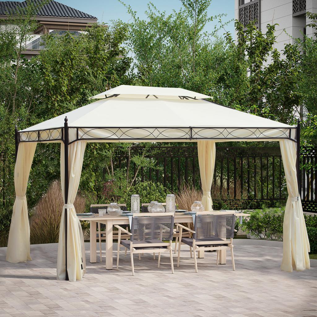 Garden Gazebo, 4 x 3 m, Double Roof, Anti-UV Steel, 400 x 300 x 280 cm, Cream