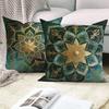 4 Stück/Set Grüne Goldene Mandala Kissenbezüge, Marokkanische Geometrische Kissenhüllen, Polyester/Leinen, Boho Luxus Heimdekoration
