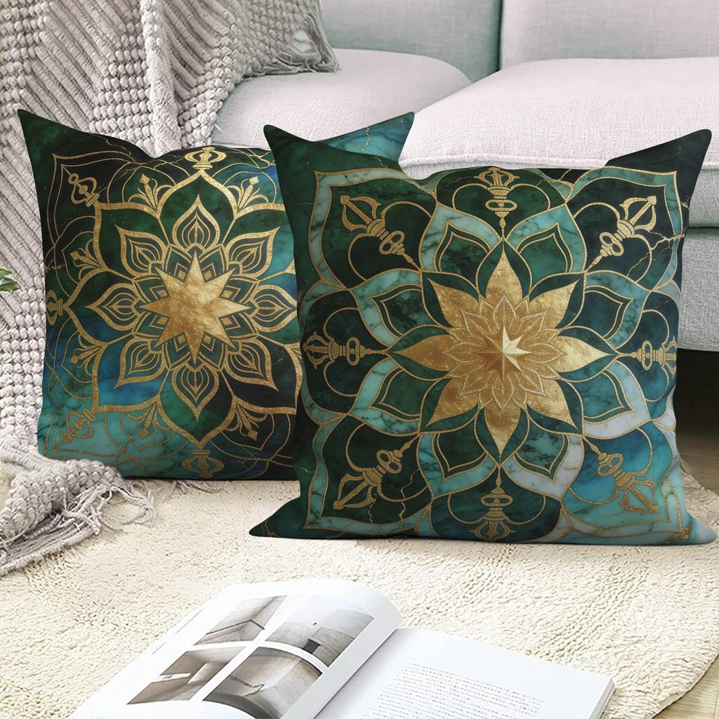 4 Stück/Set Grüne Goldene Mandala Kissenbezüge, Marokkanische Geometrische Kissenhüllen, Polyester/Leinen, Boho Luxus Heimdekoration