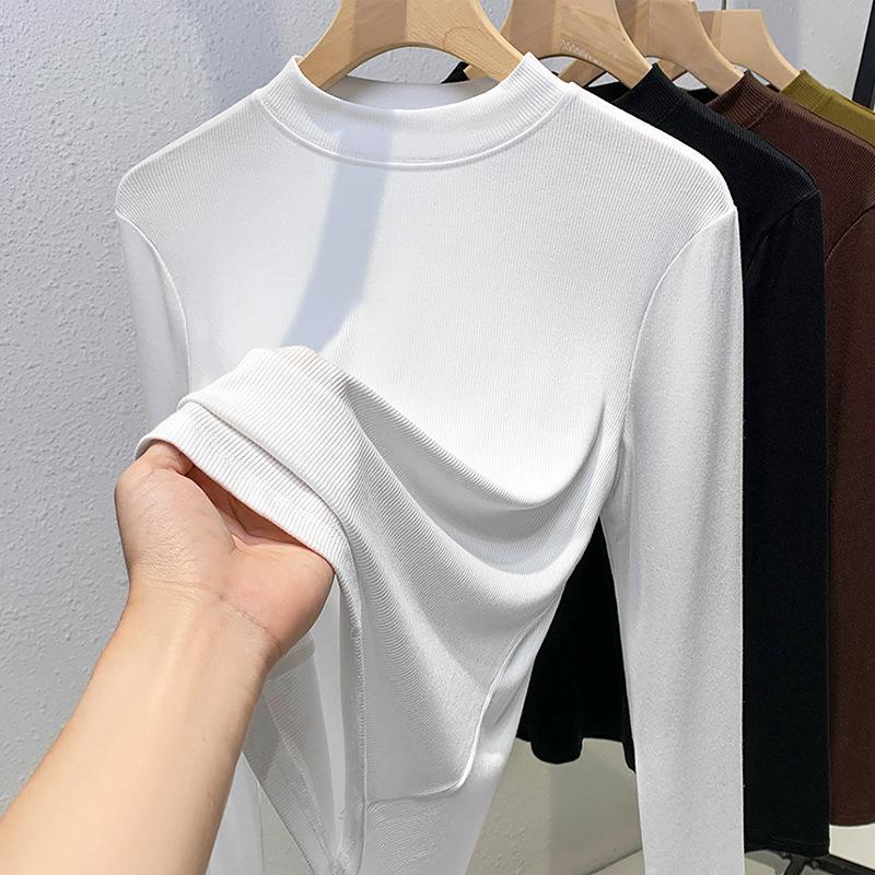 Threaded bottomed shirt women's 2025 new European women's clothing temperament stand-up collar long-sleeved t-shirt waist and elastic top