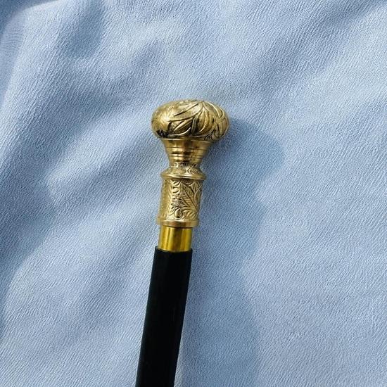 Wooden Walking Cane with Engraved Brass Handle Handmade Gentleman Walking Stick Victorian Gift Collectible Decor
