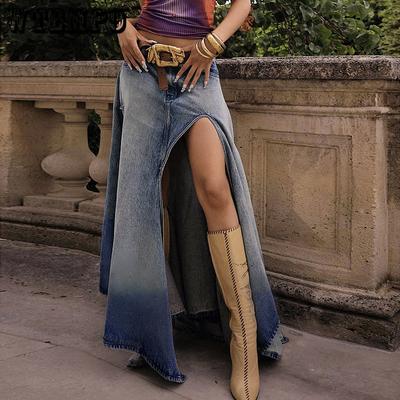 Značka Retro Street Ležérní Móda Denimový Kousek Sexy Gradientní Barva Vysoký Rozparek Nepravidelný Vysoký Pas Dlouhá Sukně Pikantní Dívčí Sukně