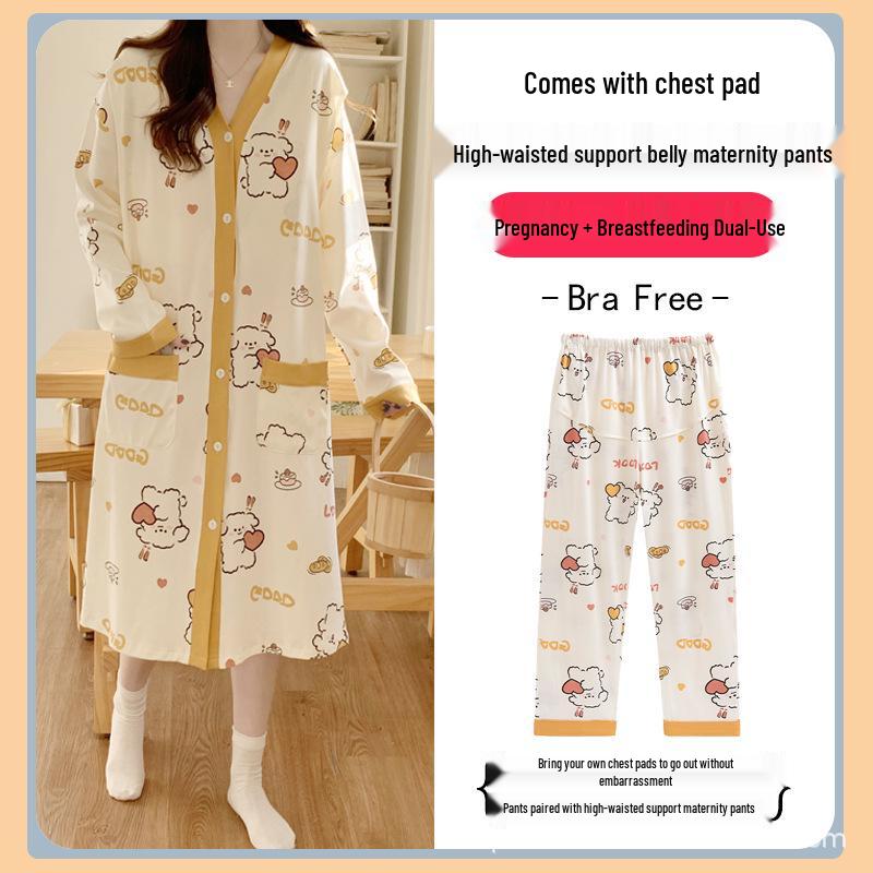 Breathable Maternity Nightgown with Built-in Bra for Labor, Breastfeeding, & Postpartum - Spring & Autumn Style