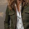 Dark Green Tweed Short Jacket with Velvet Cuff Trim and Metal Buttons