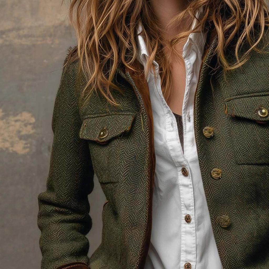 Dark Green Tweed Short Jacket with Velvet Cuff Trim and Metal Buttons