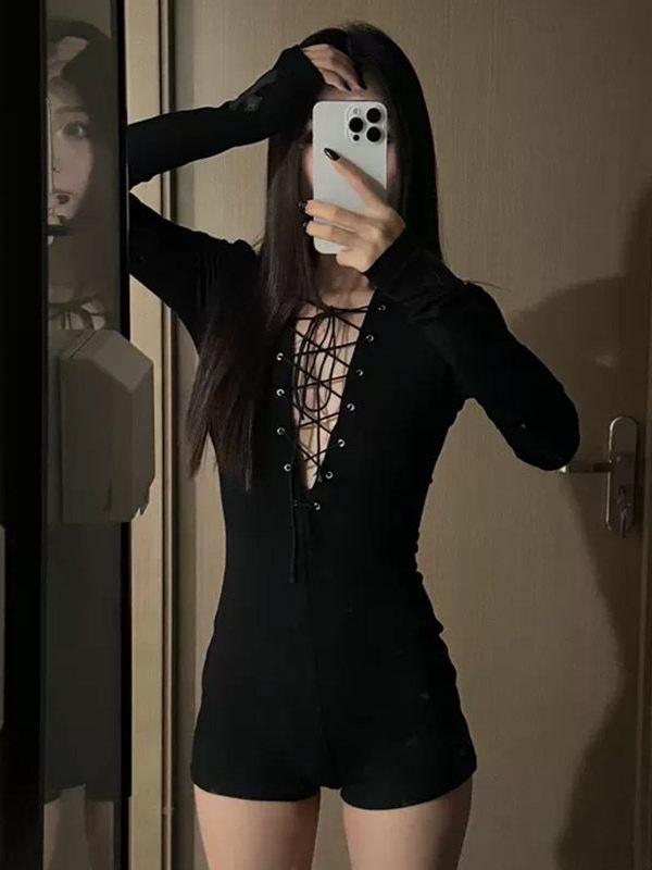 Women's Petite Black Long-Sleeve Bodysuit - Slimming & Sexy Autumn Wear