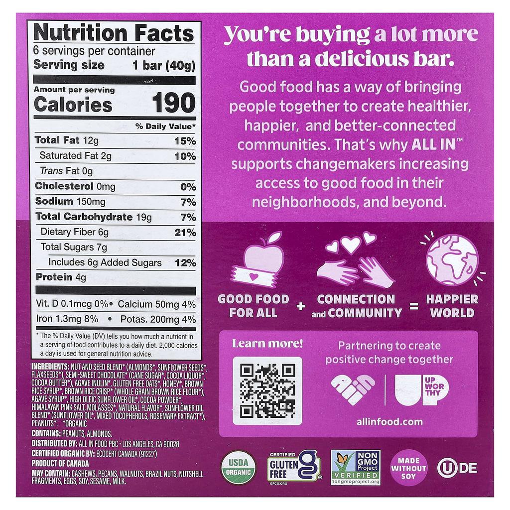 All In, Nut & Seed Bar, California Almonds, Dark Chocolate + Sea Salt, 6 Bars, 40g (1.4oz) Each