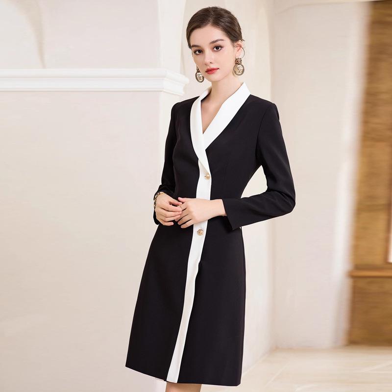 Black & White V-Neck Color Block Mid-Length Dress - Slimming & Flattering Professional Women's Attire for Spring & Autumn.