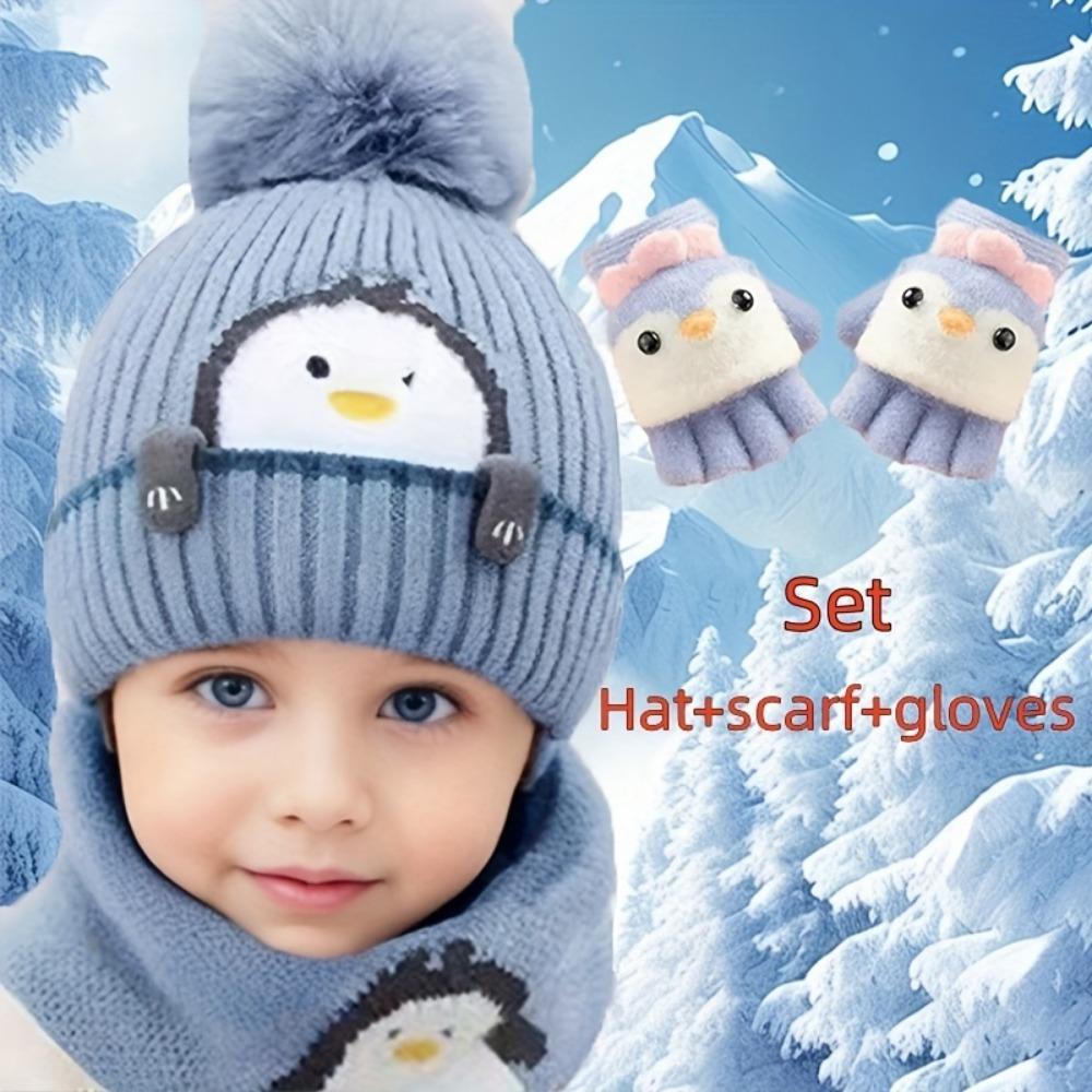 3-Piece Set, Cartoon Penguin Knit Winter Hat, Scarf, and Gloves for Infants, Warm Thickened Windproof Hat for Boys and Girls