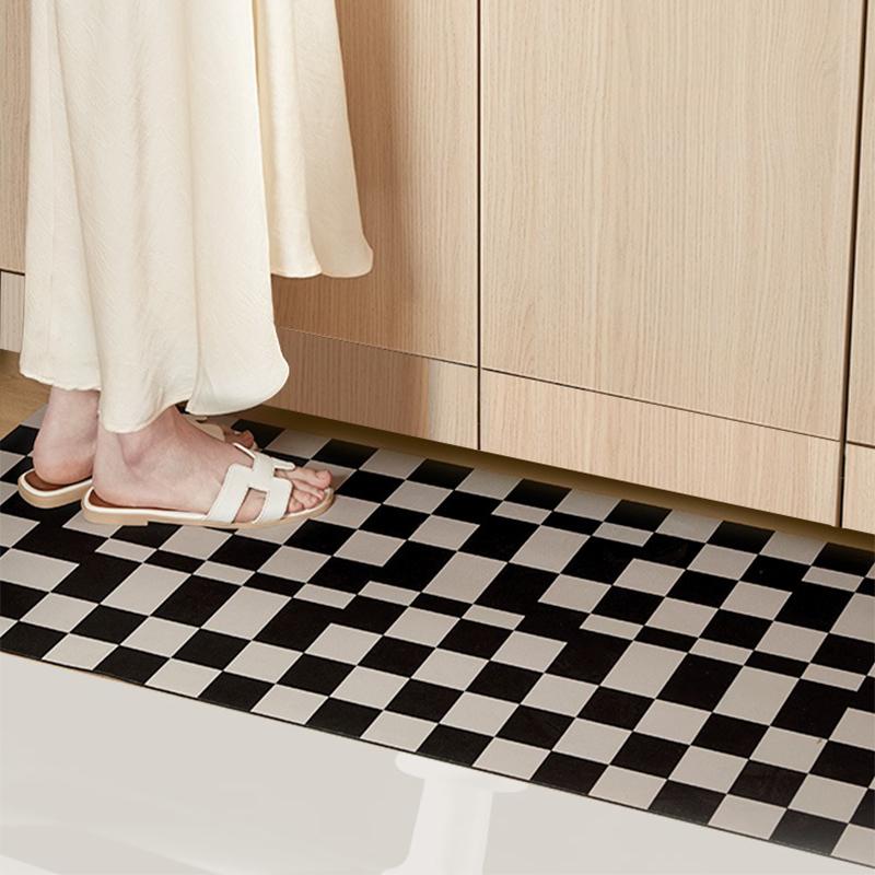 Kitchen Floor Mat Non-slip Waterproof Oil-proof Carpet PVC Leather Lattice Geometric Pattern Rug Long Ruler Home Decoration Mats