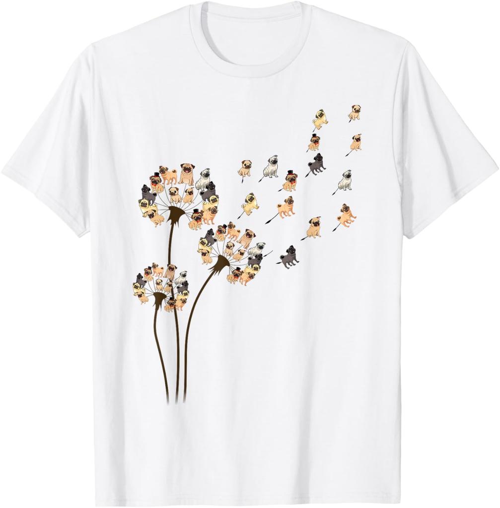 Pug Dandelion Blowing Away Funny Dog Lovers Graphic Tee Casual Cotton TShirt for Men Women