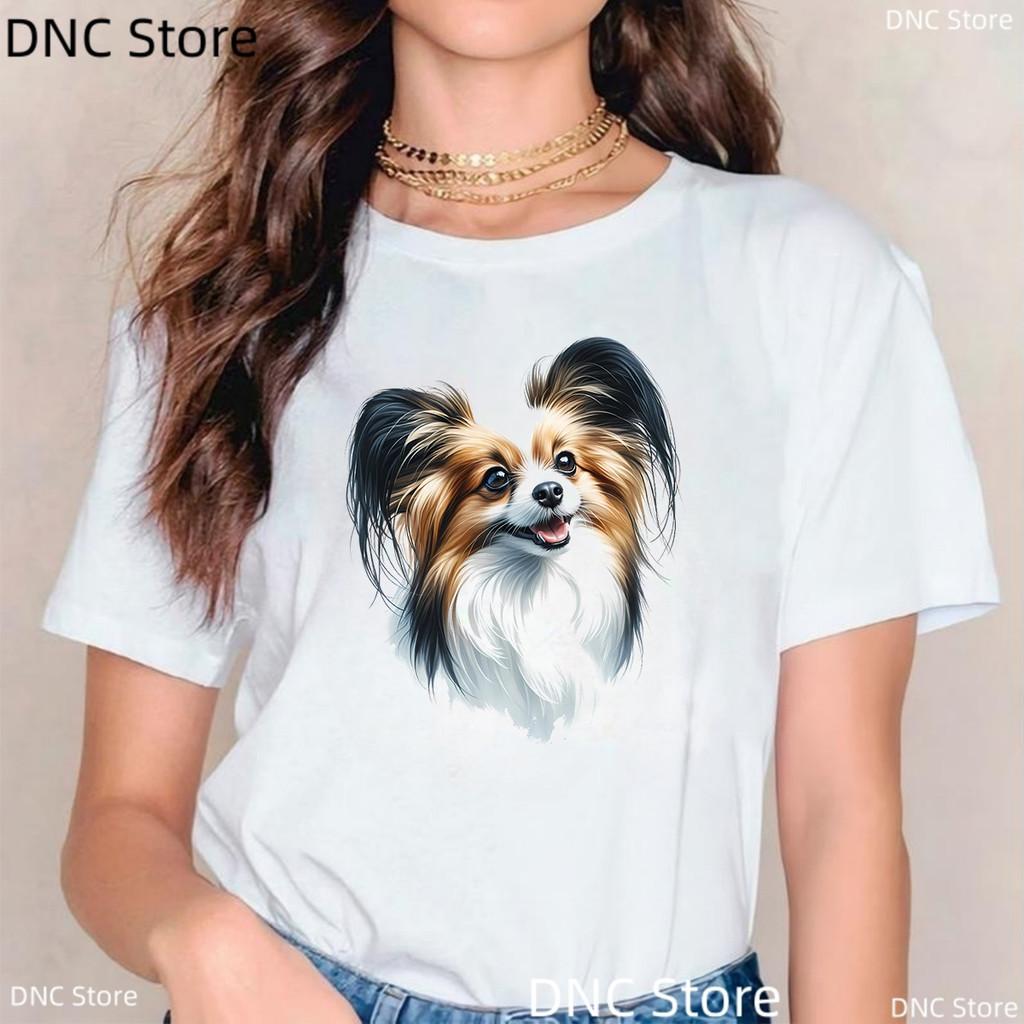 Women'S T-Shirt Funny Papillon Dog Print T-Shirt Animal Lover Tshirt Harajuku Style Summer Fashion Female T-Shirt Casual Shirt