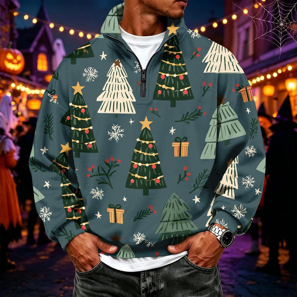 Men's Casual Flannel Quarter-Zip Long Sleeve Sweatshirt with Christmas Print