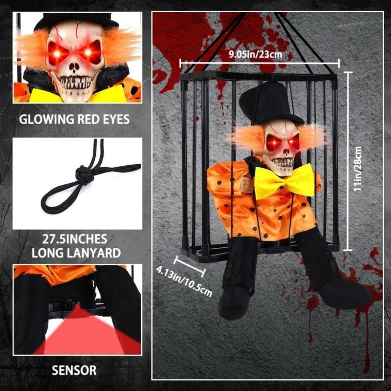Halloween Animiertes Bewegliches Geisterhaftes In Käfig Hängendes Ornament Mit Rot Glühendem Auge Automatischer Soundeffekt Für Haus Hof Dekoration