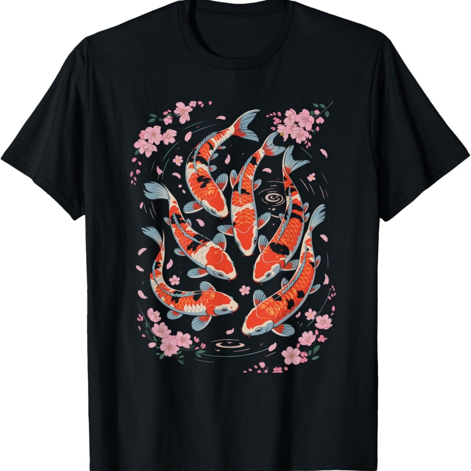 Милая Футболка с Вишневым Цветением и Карпом Кои Сакура S чёрный