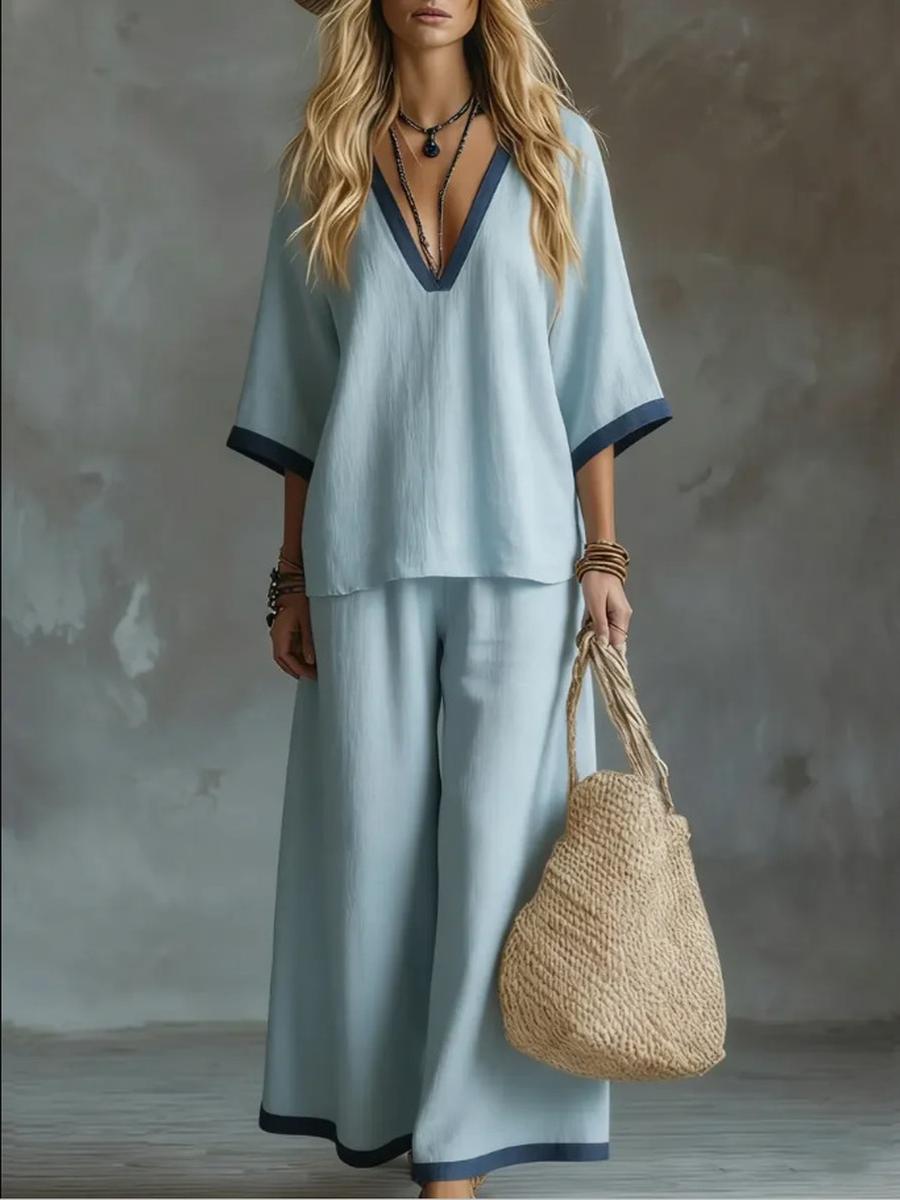 

Spring Women s Clothing Cotton Linen Pants Set Short Sleeve Top Solid Color Patchwork XXL