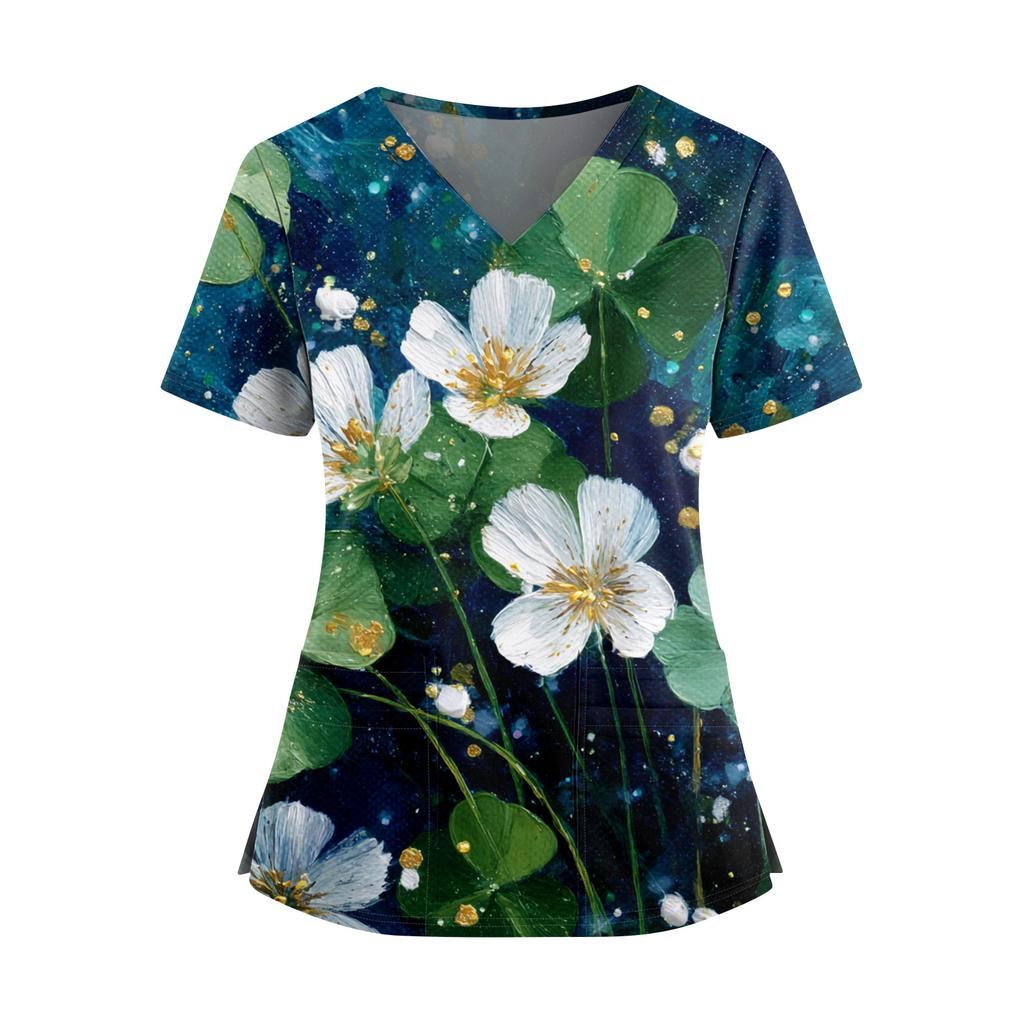 Frauen St. St. Patrick's Day Druck V-Ausschnitt Doppeltasche Kurzarm Uniform Oberteil mit geschlitztem Saum