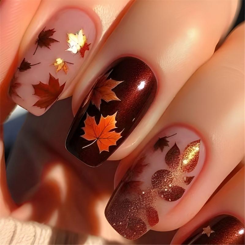 

Stylish Maple Leaf Thanksgiving Press On Nail Short Square Shape Nail Art Decoration 24pcs for Party and Daily Use 1