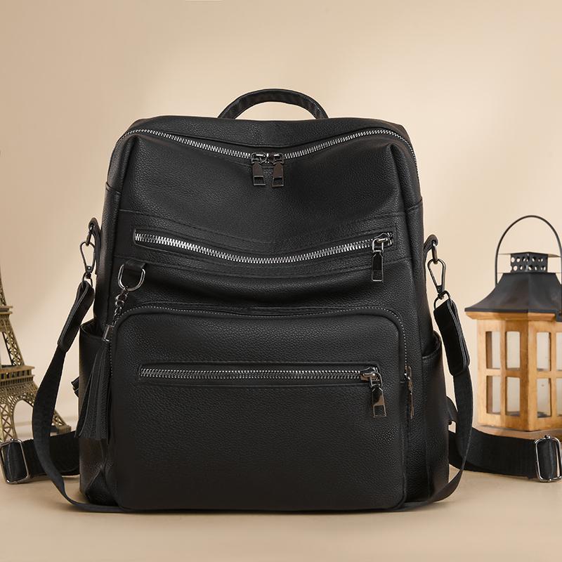 Contrast Color Women Soft Leather Tassel Backpack Simple Outdoor Travel Backpack