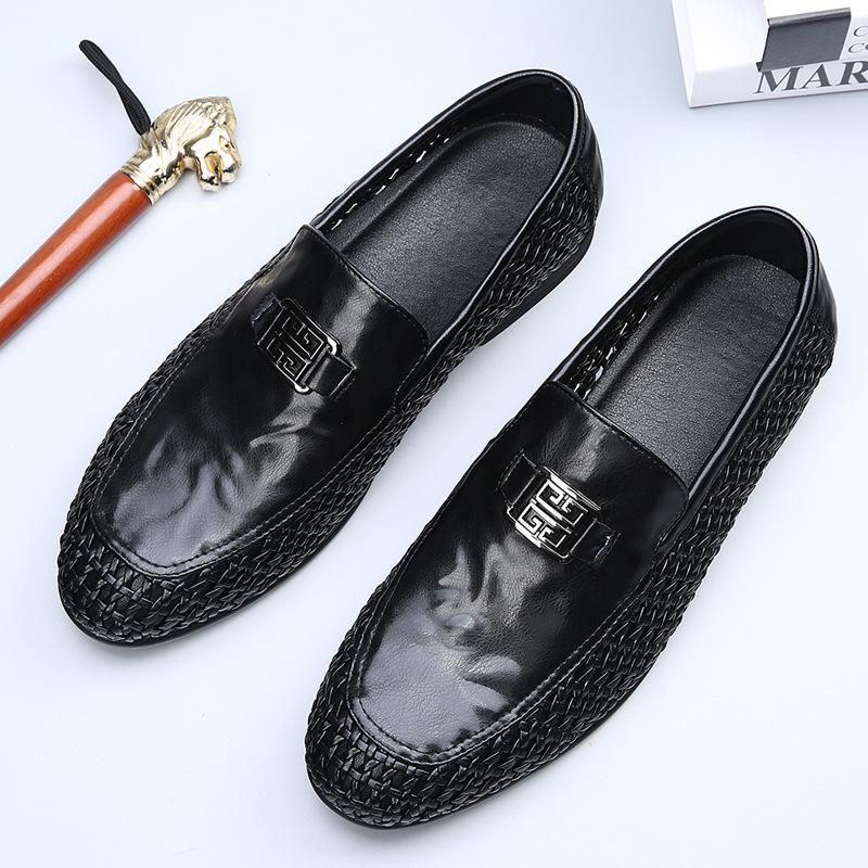 Light Luxury Men's Shoes 2025 Summer New Hand-woven Hollow Breathable Casual Leather Shoes Men's One-pedal Loafers