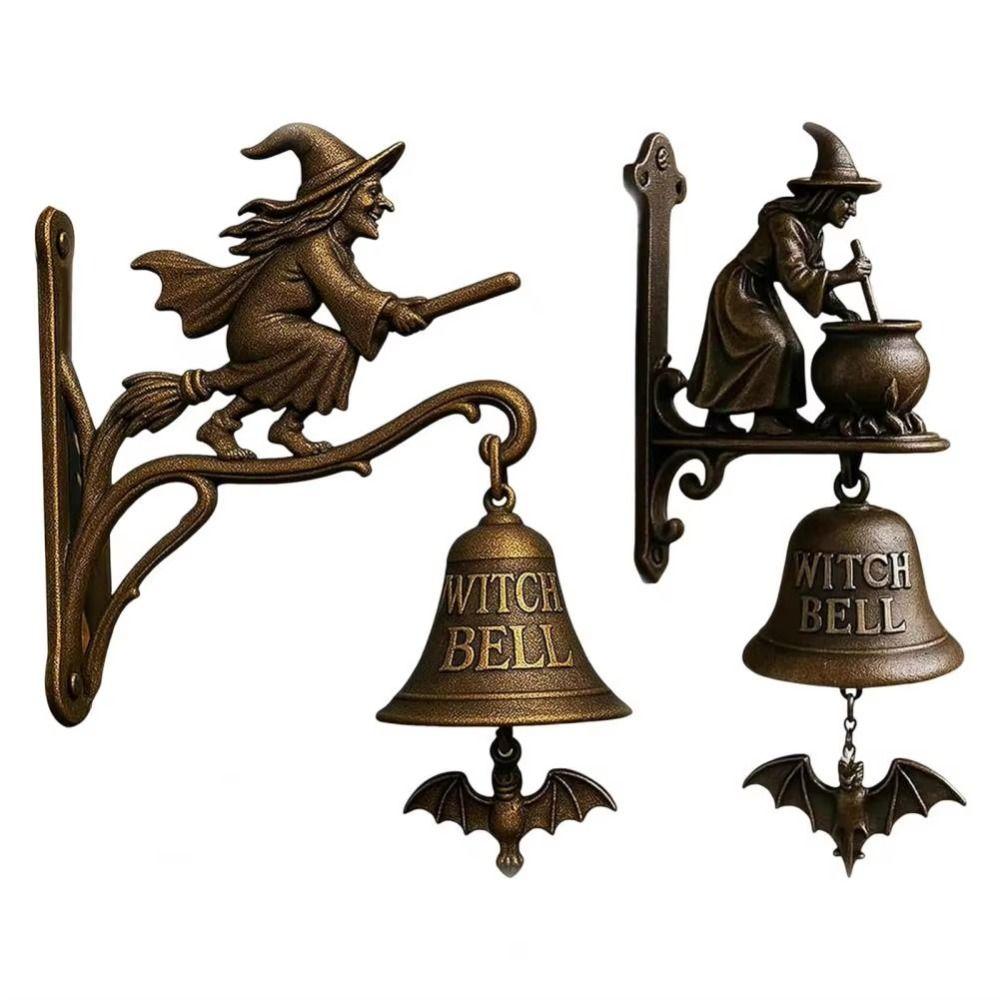 Wall Mount Witch Doorbell Witch on Broom Design Decorative Accessory Cast Iron Door Hanger Bell Outdoor Decorative Bell
