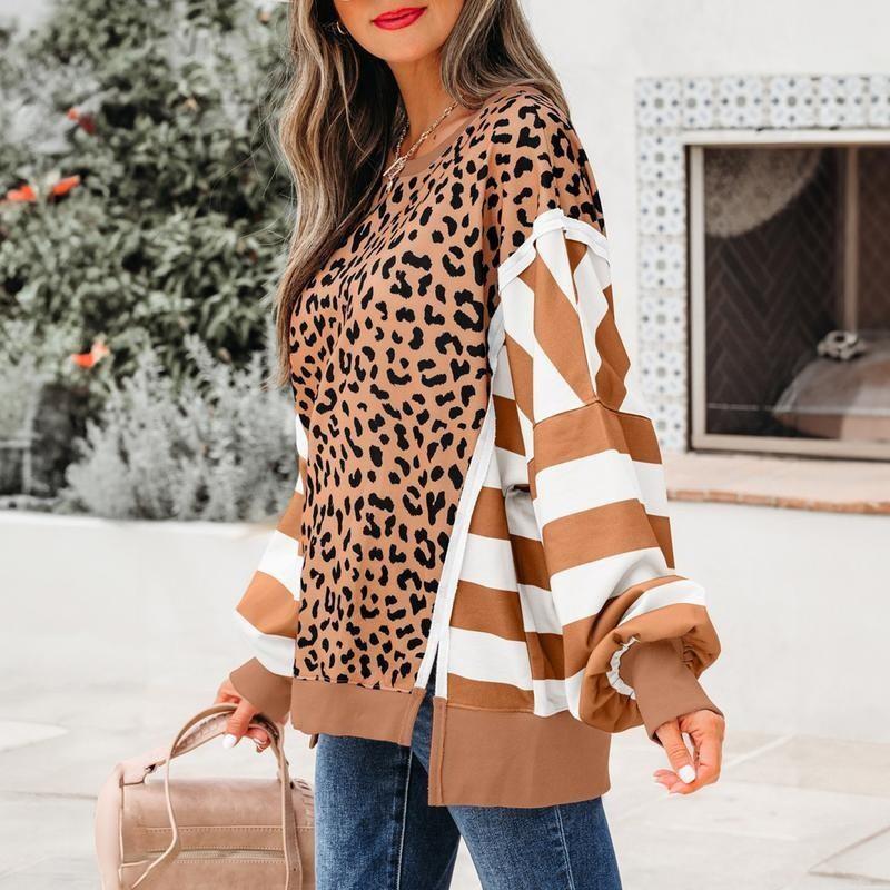 Womens Casual Oversized Round Neck Sweatshirt With Leopard Print Patchwork Stripe Design 2026