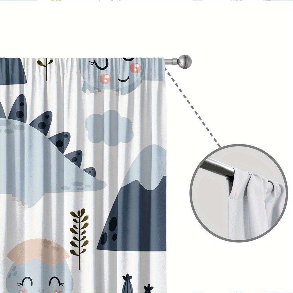 2pc Cartoon Dinosaur Print Curtains - Polyester Fabric for Bedroom   Living Room   and Kitchen - Machine Washable