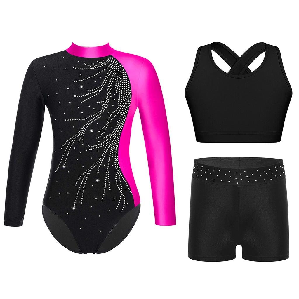 Ensemble de Gymnastique 3 Pièces pour Filles Justaucorps à Dos Goutte d'Eau avec Gilet Croisé & Short à Strass Col Montant Manches Longues