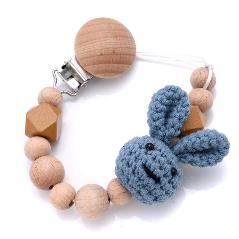 Nursing Chew Toy Baby Dummy Holder Chain BPA Free New Baby Wooden Pacifier Clip Wood Crochet Rabbit Teething Soother Chain