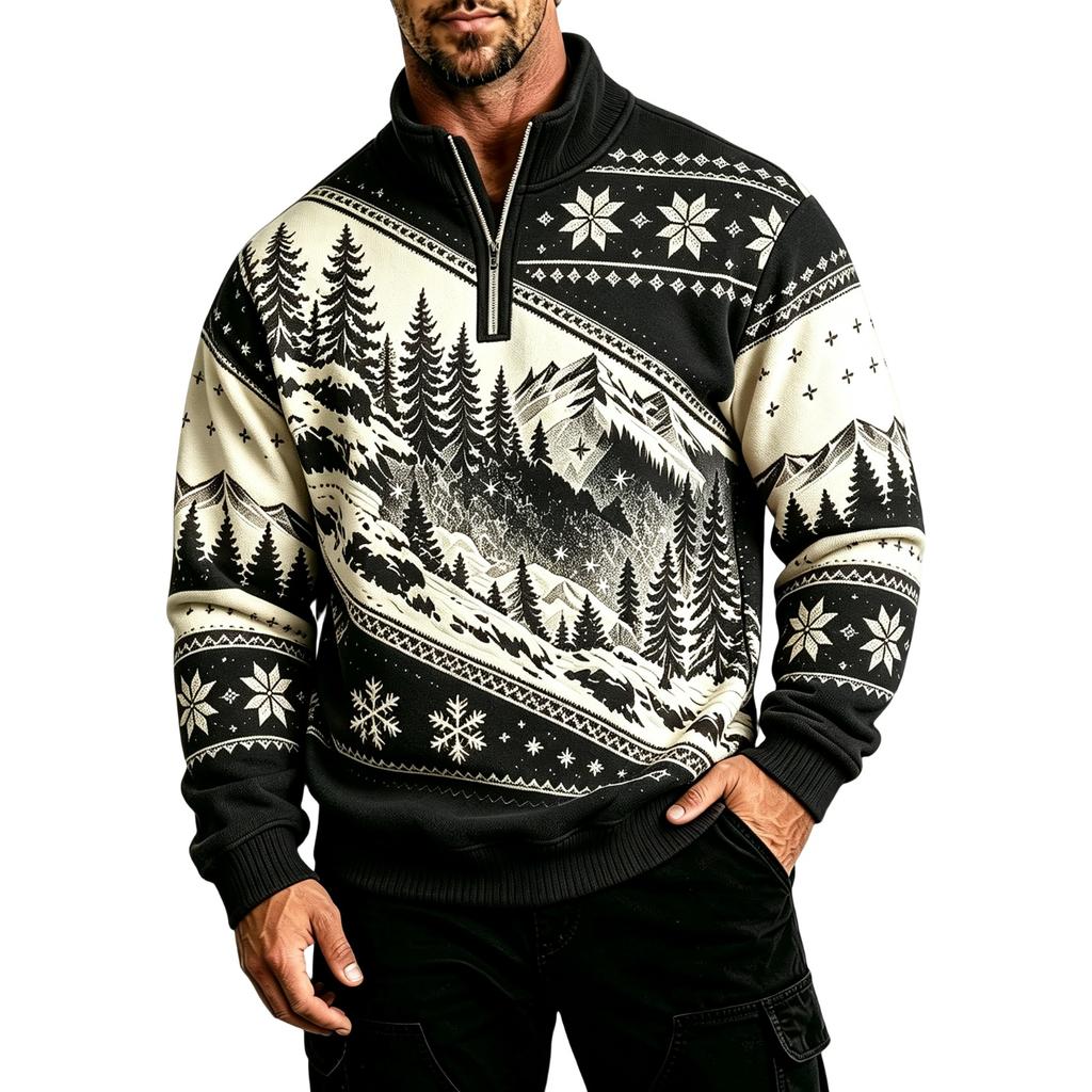 Men's Casual Zip-Up Lined Sweatshirt with Stand Collar Long Sleeve Print for Fall and Winter