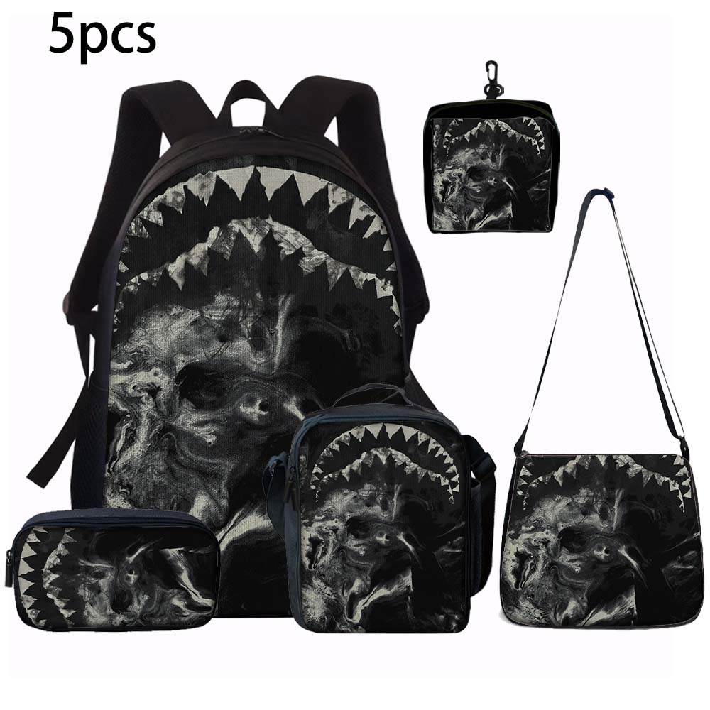 1/2/3/4/5PCS Trendy Shark Graphic Backpack Set | Perfect for School & Daily Adventures