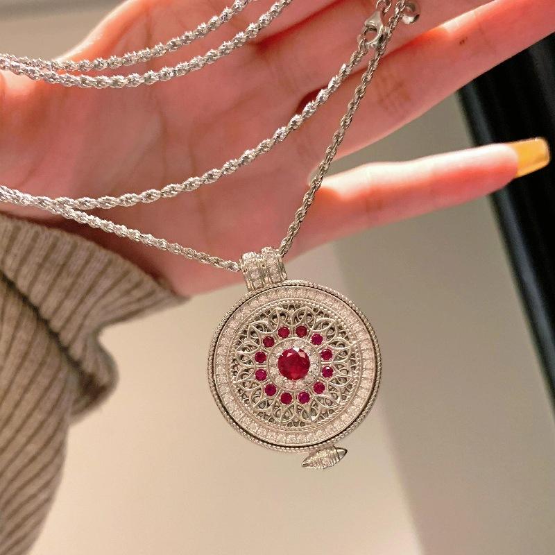 Retro Chinese Full Diamond Ruby Rose Compass Necklace National Style Two Colors Exquisite Versatile Temperament Collarbone Chain