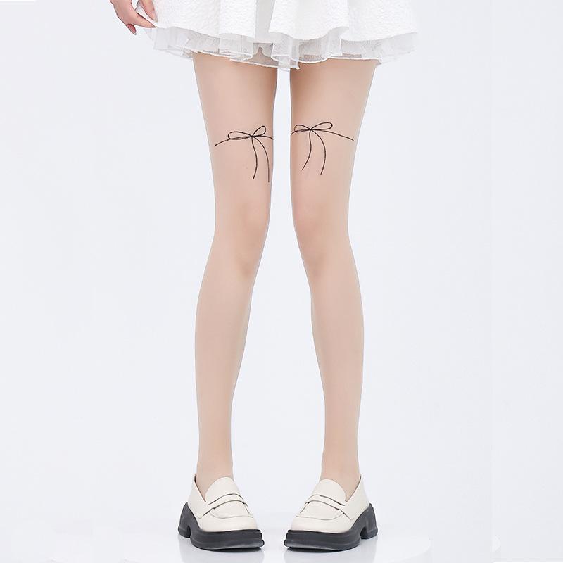 Ciorapi Pantalon Tatuaj Fundiță pentru Femei - Transparenți, Ciorapi de Mătase Negri Culoarea Pielii