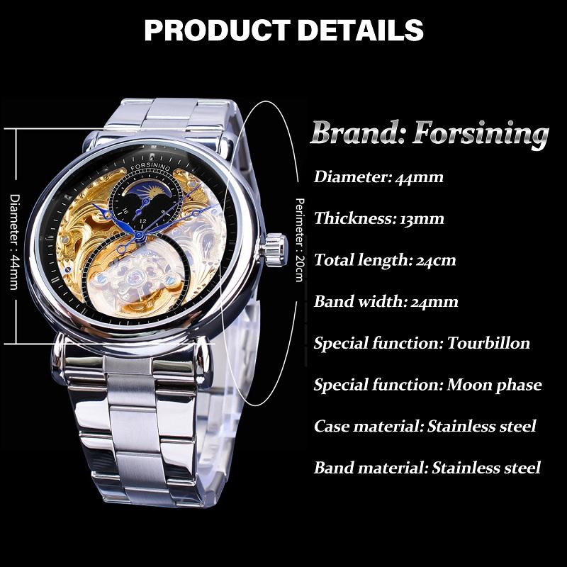 Forsining Orologio da uomo alla moda, per il tempo libero, con intagli lunari scavati e orologio meccanico scavato