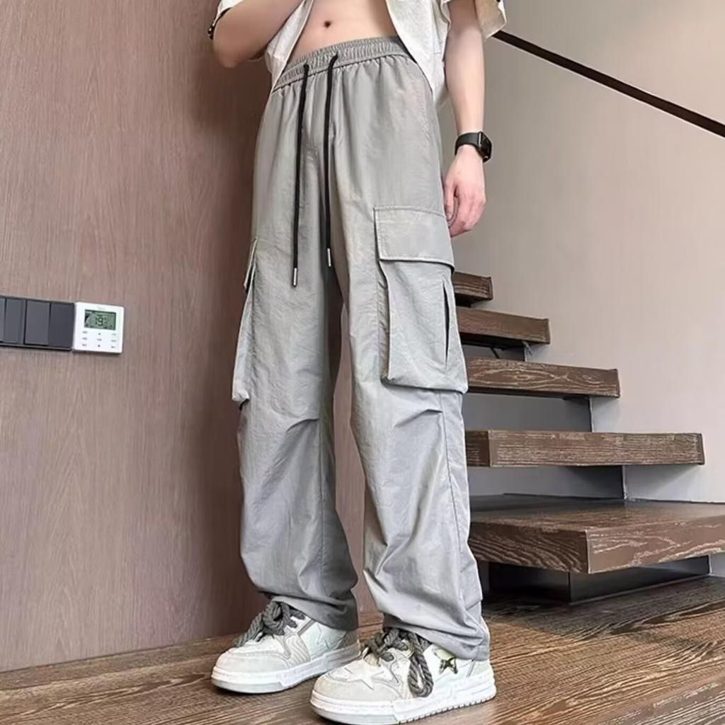 Ice silk overalls men's summer thin drape and thin loose sweatpants American trend casual multi-pocket pants