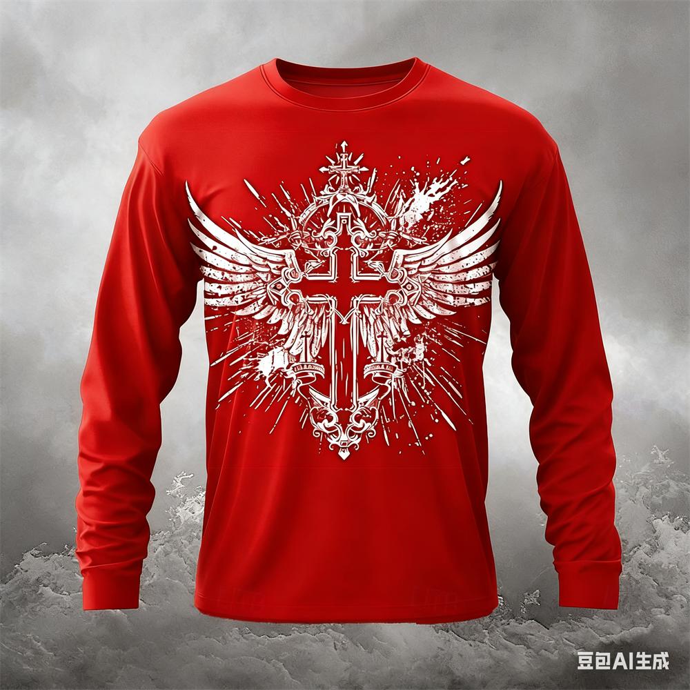 Funny Cross Wing Pattern Men's T Shirt Casual O-neck Loose Long Sleeve T-shirt Spring Autumn Comfortable Pullover Fashion Tops