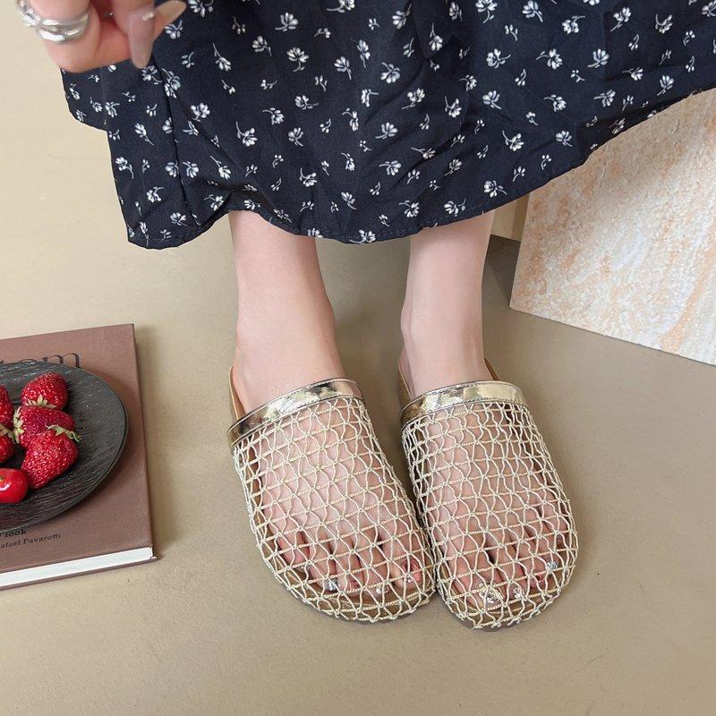 Fashion Slippers Women Summer Cover Toe Slides Female Shoes Fretwork Heels 2025 Soft Mesh Fabric Female Shoes Cover Toe Slippers Soft Sl